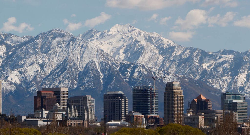 downtown Salt Lake City Utah with snowy mountains in the background