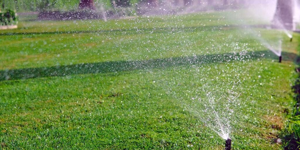pop-up sprinkler heads watering grass